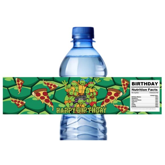 Turtles Birthday Water Bottle Labels, Pizza Theme Party Decorations, 8.5x2 in - Picture 1 of 4
